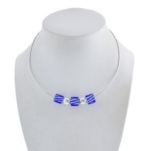 Vintage Sterling Silver 925 Blue White Striped Glass Bead Necklace 16"